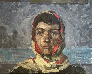 SOLD Black Friday Woman with Ukrainian scarf from 250 euro for 125 euro